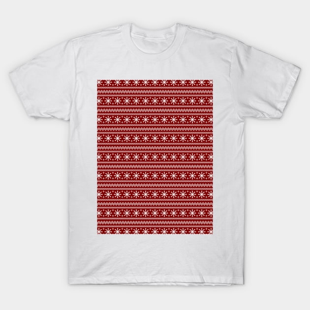 Dark Christmas Candy Apple Red Snowflake Stripes in White T-Shirt by podartist